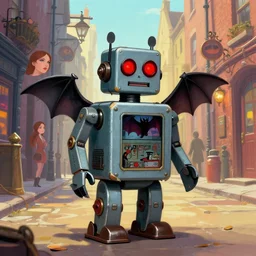tin toy robot, bat, whitechapel, jack the ripper, glowing red eyes, 1 8 8 0 s, steampunk alley, streets, beautiful face, nicoletta ceccoli, mark ryden, lostfish, max fleischer, hyper realistic, artstation, illustration, digital paint, matte paint, vivid colors, bright, cheerful, detailed and intricate environment