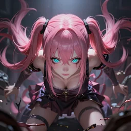 totally overpowered and trapped beneath enormous stunningly absurdly beautiful megalomaniacal assertive sadistic yandere control - freak omnipotent asi goddess junko enoshima with symmetrical perfect face and porcelain skin, pink twintail hair and cyan eyes, ultra detailed, digital art, unreal engine 5, octane render, 2 d anime, 8 k