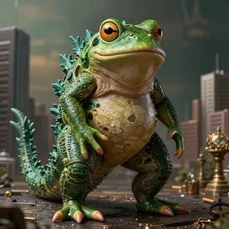 costume design made by frog and godzilla, sophisticated composition, old masters light composition, procedurally generated, frogzilla creature, cityscape behind, substance designer, PBR, HD, Ultra detailed, hyperrealistic, megascans, volumetric light, concept by master artist, made in paint tool SAI2, trending pixiv face