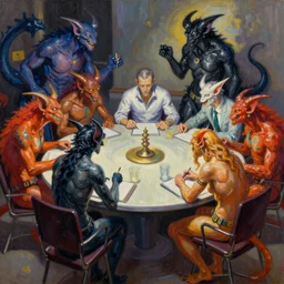 a group of daemons at a conference on moral bioenhancement, artistic composition in the style of frank frazetta, vivid, bright colours, oil painting, deep impasto