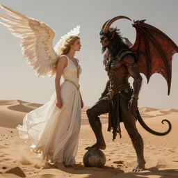 angel vs demon, terrific jinn demon in middle of desert with hoof on his feet and goat face with long cloth afraid of beautiful powerful angel, epic angel, wporfull angel, good vs evil, atmosphere, harsh lighting, cinematic lighting,, award wining art, artstation, high details, concept art, 4 k