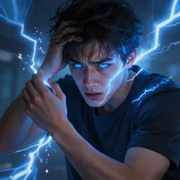 a handsome young man with glowing blue eyes sparkling with blue lightning in emotional turmoil. sparks. electricity. digital art. fantasy. matte painting sharp focus. action pose. dynamic poses. highly detailed. uhd. by repin. krenz cushart tianhua xu