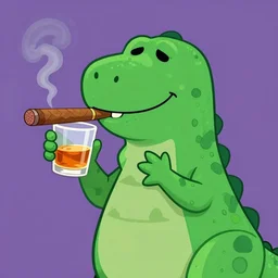 still from barney the dinosaur from kids show drinking whisky and smoking a cigar, digital art, trending on artstation