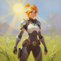 oil painting of tracer from the game overwatch, standing in grassy field, smiling while the sun shines down, feminine face, light rays,