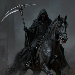 the grim reaper riding a black warhorse, holding a wicked scythe, black robe, fiery eyes, fantasy horror art, matte painting, realistic, super - resolution, perfectionism, elegant, octane engine, neo - gothic, detailed, sharp focus, illustration, masterpiece