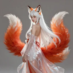 prompt A beautiful portrait of a white red orange kumiho, translucent silky dress, long hair in the shape of fox tail, backlit, concept art, matte painting, by Peter Mohrbacher
