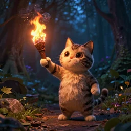 a cat holding fire torch, dark night forest, pixar, unrealengine, cinematic, dynamic lighting