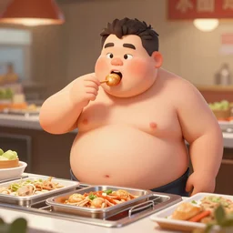 a wildly fat man eating directly from a chinese buffet