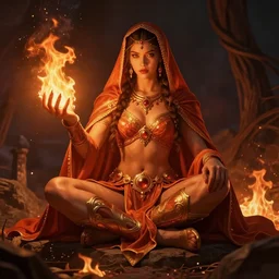 Hot fire giantess, sitting down, shrouded humanoid on lap, fire in hand, warrior queen, concept art, artstation, 4k