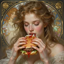 portrait of dustin diamond eating hamburgers, extra onions and ketchup, luscious patty with sesame seeds, feminine ethereal, handsome, d & d, fantasy, intricate, elegant, highly detailed, digital painting, artstation, concept art, matte, sharp focus, illustration, art by artgerm and greg rutkowski and alphonse mucha