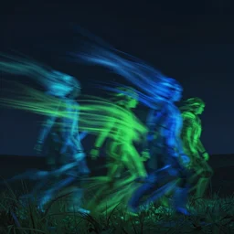 streamers of blue and green twist and unravel in a strong wind across a dark night sky, unreal engine