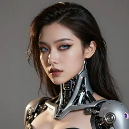 an immaculate blender render high key lighting headshot rendering of an attractive curvy cybernetic goth woman with embedded LEDs, a cybernetic eye, and an exoskeleton.