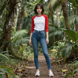 realistic hyper - detailed nagatoro using white and red tight raglan sleeves, tight blue jeans and cool shoes in a tropical forest, epic hair glowy fire flames, artstation, 3 d ray tracing, lumen, octane render flawless masterpiece concept art professionally post processed by wlop
