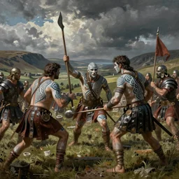 celtic picts with warpaint patterns on their skin battling romans in ancient scotland landscape, epic painting classical dramatic lighting