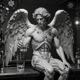 a black and white 3 d render of a beautiful deeply wistful grown male gray - haired angel with big wings sitting alone in the old bar with one glass of whiskey, 1 5 0 mm, flowers, mandelbrot fractal, anatomical, flesh, facial muscles, wires, microchip, veins, arteries, full frame, microscopic, elegant, highly detailed, flesh ornate, elegant, high fashion, rim light, octane render in the style of h. r. giger and man ray