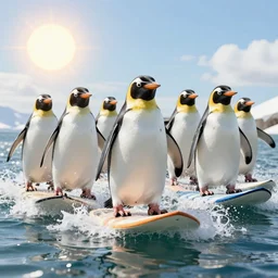 an angry team of penguins riding surfboards on the sun