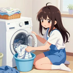 extreme kawaii girl doing laundry, epic digital art illustration, wide angle, masterpiece, fine structure, outstanding detail, illustration, colorgrading, LUTs, | 28mm |, great composition