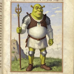 a medieval manuscript of Shrek in armour, a illustration by Pietro Lorenzetti, trending on pinterest, romanesque, academic art, detailed painting, storybook illustration
