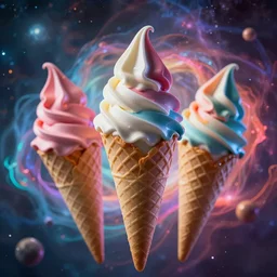 colorful soft - serve ice cream cones in a colorful fantasy nebula, dramatic lighting, cinematic, extremely high detail, photorealistic, cinematic lighting, post processed, concept art, artstation, matte painting, style by greg rutkowsky
