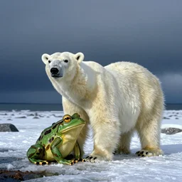 a photo of a polar bear / bullfrog hybrid creature in its natural habitat, kodak ektachrome e 1 0 0 photography