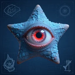 portrait of star shaped ogre head with single centered giant bloodshot eye, in the style of Greg Broadmore and Arthur Rackham,trending on artstation, light lighting side view,digital art,surrealism ,macro,blueprint ,vaporwave ,