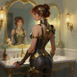 woman model, steampunk!!! and modern, rgb, in a bathroom, backlit, elegant, highly detailed, digital painting, artstation, concept art, smooth, sharp focus, illustration, art by krenz cushart and artem demura and alphonse mucha