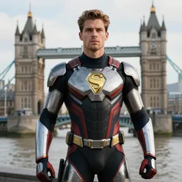 portrait of a futuristic superhero, London behind him, hd, 4k realistic, award winning photo