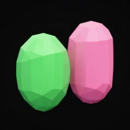 low poly render of two greens and a pink, black background