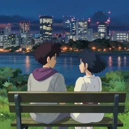 two lovers sitting on a park bench, man with a purple hood, pretty girl with blue hair, looking at the neo - tokyo skyline across the river, at night, in the style of studio ghibli