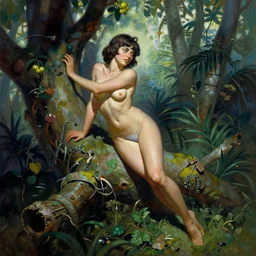 a painting of a girl in the jungle by frank frazetta and glenn fabry,