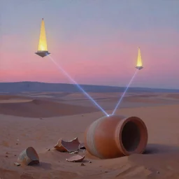 beacons of soft light drifting above a desert, classical landscape painting, oil paints, giant ceramic pottery broken and submerged, highly detailed, lasers, late evening with pink light on the horizon, psychedelic colors, sharp details