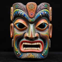 symmetrical tiki mask with eyes and mouth, black background, deep carving, colorful, rainbow, acrylic dots, psychedelic trip, patterns, fine mandelbrot fractal lace, 1 5 0 mm, soft rim light, elegant, hyper real, depth of field, sharp focus, ultra detailed, octane render, giger beksinski, 1 6 k