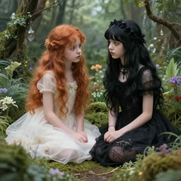 fairy garden, beautiful, magical, young girls, ginger haired sweet girl, black haired goth girl, john william waterhouse, ethereal