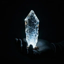 pitch darkness, a glowing shard of kryptonite held in an open black - gloved hand, pitch black background, dimly lit