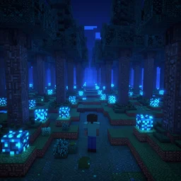 blue forest, glowing, minecraft screenshot, raytracing, shader, digital art, highly detailed, artstation, octane render