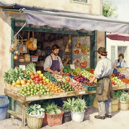 watercolor painting of farmers market, fruits, herbs and spices, western store, art by anders zorn, wonderful masterpiece by greg rutkowski, beautiful cinematic light, american romanticism by greg manchess, creation by tyler edlin