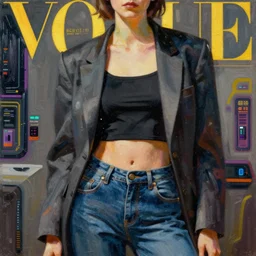 vogue cyberpunk, intricate oil painting by john singer sargent, trending on artstation, crop top, blazer, jeans