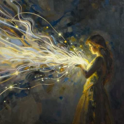 a bright energy stream flowing left to right. it flows through a figure in the center. | painting by craig mullins. the composition is different on the left and right sides