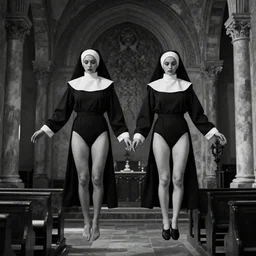 black and white, award winning photo, levitating twin nuns, wearing swimsuit, the nuns have Very long arms, in a sanctuary, eerie, frightening —width 1024 —height 1024