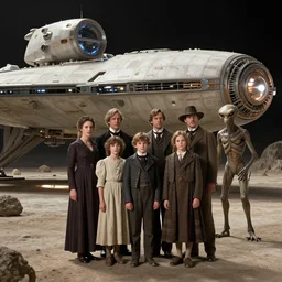 sharp, detailed, 256k film still from a sci fi blockbuster color movie made in 2010, set in 1860, of a family standing in front of a spaceship that has just landed on an alien planet, a humanoid alien creature stands nearby, the family are all wearing 1850s era clothes, cinematic lighting, good photography, sharp focus