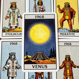 1968 science fiction tarot cards, cut out, classic mayan mythology, break of dawn on Venus, epic theater, deep jungle texture, aquatic plants, drawings in style of Terry Gilliam, composition William S Boroughs, written by Michael Ende