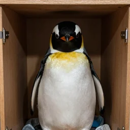 grainy photo of a penguin as a creepy monster in a closet, harsh flash