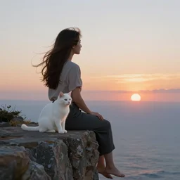 an android girl with a white cat by caspar david friedrich, in the sunset ， sitting on the edge of a cliff ， look at the sea ， hyperrealistic, clean, pure, elegant, highly detailed, digital painting, artstation, concept art, smooth, sharp focus, illustration,