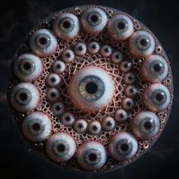 an ominous sphere made of eyes phyllotaxis spiral psychedelic chromatic aberration hd