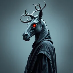 an ominous haunting horse mask with many red eyes and twisting antlers figure wearing a black robe, head turned to the left, full figure, statue