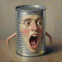 a tin can character with a face and arms, opening its mouth, surrealist oil painting