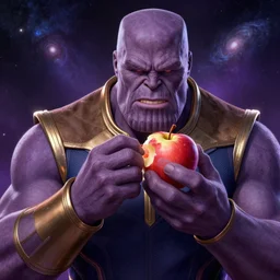 caricature of thanos eating apple in galaxy, 8 k, digital art, artstation, detalied, high quality,