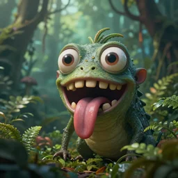 of an intricate hazy jungle with strange cute friendly funny creatures with huge eyes, long tongue, square teeth and funny face appearing from the foliage, in the style of mike winkelmann, macro lens, shallow depth of field, highly detailed, digital painting, trending artstation, concept art, illustration, cinematic lighting, vibrant colors, photorealism, epic, octane render