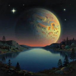 surrealist art, nighttime over a still lake on an alien planet with strange and beautiful scenery, stars, gradients, grainy, glowy lighting, very beautiful matte colors, trending on artstation