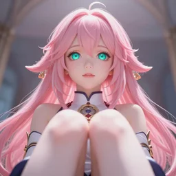 extremely bright symmetrical image, taken from an extremely low angle at her feet, stunningly beautiful omnipotent anime goddess with pink hair and mesmerizing cyan eyes, unreal engine 5, 8 k